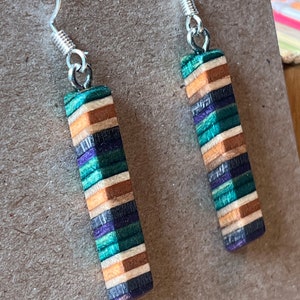 Recycled Skateboard Dangle Earring 2.purp,green,blk