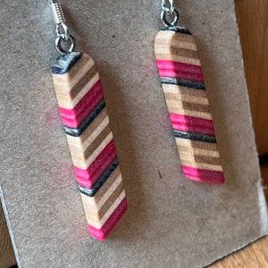 Recycled Skateboard Dangle Earring 5.pink, black