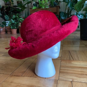 1960s Christian Dior Red Velvet Felt Hat with Fringed Ribbon, Size 22