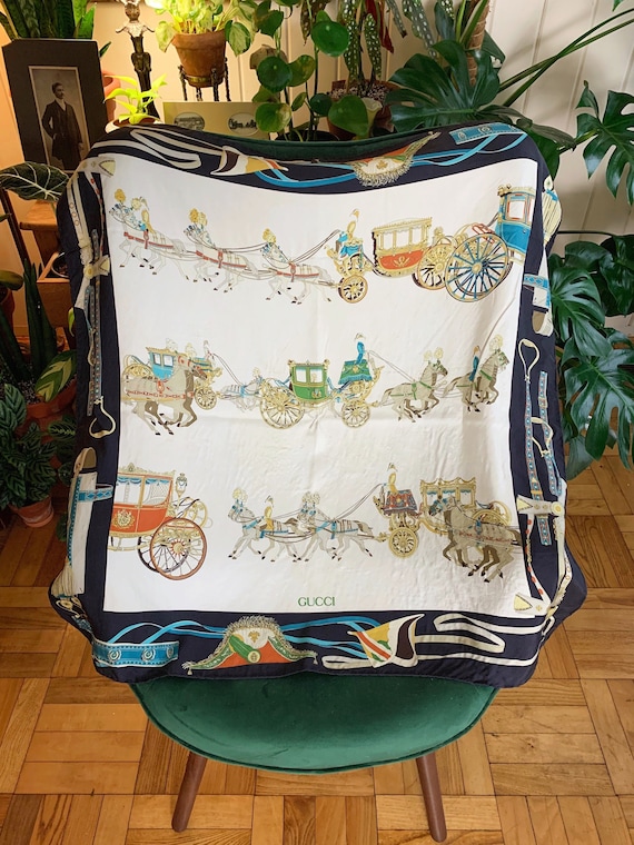 Gucci Vintage Silk Scarf Horse and Carriage Print