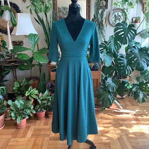 1960s Emerald Green Spanish Vintage Half Sleeve A-Line Swing Dress with Pockets, Madrid, Spain