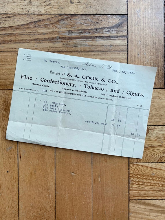 acadia wholesale and tobacco Antique 1900s Confectionery and Tobacco Order Letter, S. A. Cook & Co., New  York