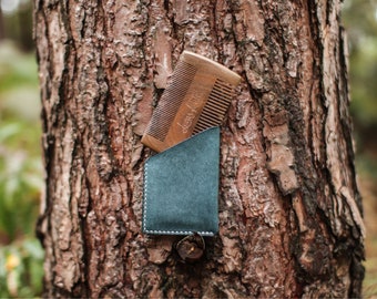 Wooden Beard Comb with Personalised Leather Pouch. Sandalwood Comb, Hand Stitched Italian Leather. For Him Gift. Luxury Gift