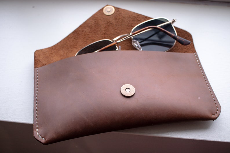 Leather Glasses Case Pouch Free Personalisation Accessories, Hand Stitched, Handmade Watch Case, Magnetic Clasp, Money Envelope image 6