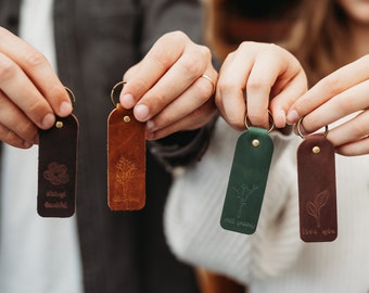 Floral Encouraging Leather Keyrings - Key Fobs , Key Chain, Leather Gift, Flowers, Wildflowers