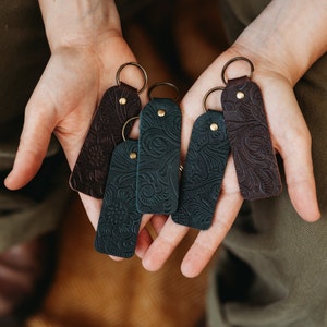 Botanical Leather Keyrings - Key Fobs , Key Chain, Leather Gift, Floral embossed