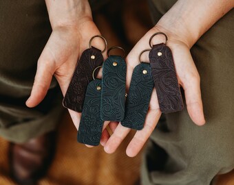 Botanical Leather Keyrings - Key Fobs , Key Chain, Leather Gift, Floral embossed