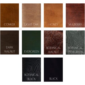 May include: A collection of leather swatches in various colors and textures. Colors include Conker, Light Oak, Honey, Mulberry, Dark Walnut, Evergreen, Botanical Walnut, Botanical Evergreen, Botanical Black, and Black.