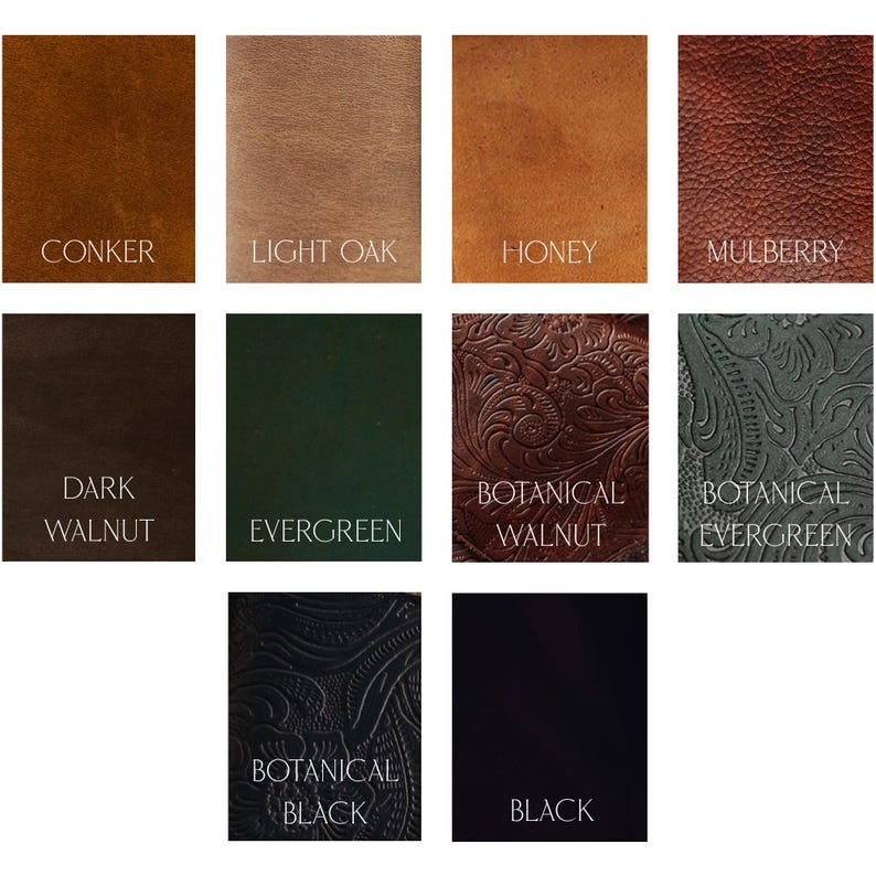 May include: A collection of leather swatches in various colors and textures. Colors include Conker, Light Oak, Honey, Mulberry, Dark Walnut, Evergreen, Botanical Walnut, Botanical Evergreen, Botanical Black, and Black.