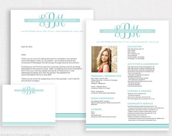Monogram Mini Sorority Packet with Photo | Printed Sorority Resume | Printable Social Resume Template | Modern | Editable Resume DIY, Sydney