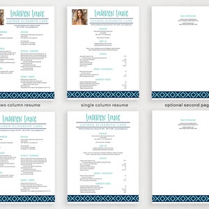 May include: A two-column resume template with a blue and teal border. The template includes sections for work experience, education, skills, and more. The resume is for Lauren Elisabeth Lane.