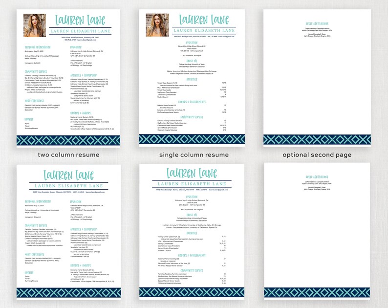 May include: A two-column resume template with a blue and teal border. The template includes sections for work experience, education, skills, and more. The resume is for Lauren Elisabeth Lane.
