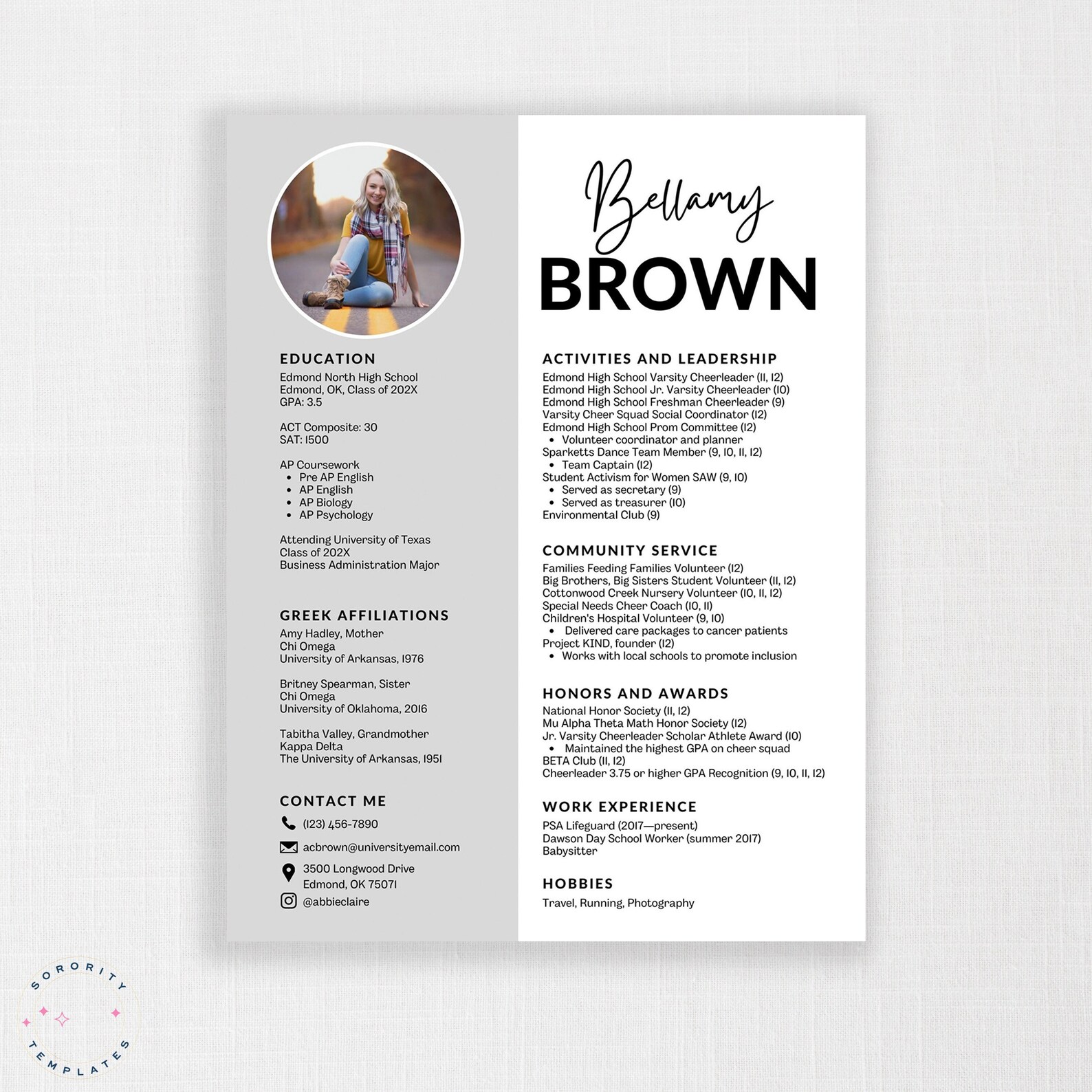 Sorority Resume Canva Template Printable Sorority Resume Template