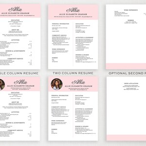 Puede incluir: Una plantilla de curr&iacute;culum con fondo rosa y texto negro. La plantilla se divide en tres secciones: curr&iacute;culum de una columna, curr&iacute;culum de dos columnas y p&aacute;gina opcional adicional. El curr&iacute;culum de una columna incluye secciones para educaci&oacute;n, sobre m&iacute;, actividades, honores y logros, y servicio comunitario. El curr&iacute;culum de dos columnas incluye secciones para informaci&oacute;n personal, educaci&oacute;n, servicio comunitario, actividades y liderazgo, experiencia laboral, honores y premios, y aficiones. La p&aacute;gina opcional adicional incluye una secci&oacute;n para afiliaciones griegas.