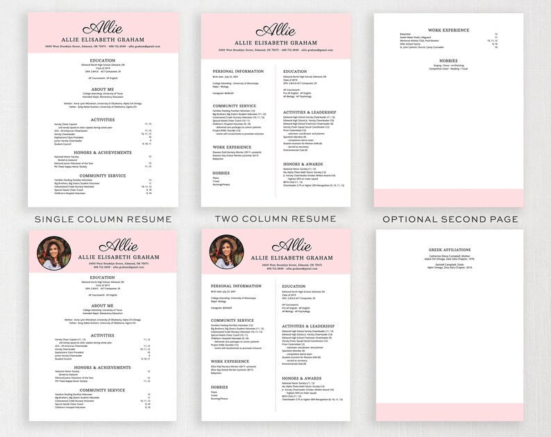 Puede incluir: Una plantilla de curr&iacute;culum con fondo rosa y texto negro. La plantilla se divide en tres secciones: curr&iacute;culum de una columna, curr&iacute;culum de dos columnas y p&aacute;gina opcional adicional. El curr&iacute;culum de una columna incluye secciones para educaci&oacute;n, sobre m&iacute;, actividades, honores y logros, y servicio comunitario. El curr&iacute;culum de dos columnas incluye secciones para informaci&oacute;n personal, educaci&oacute;n, servicio comunitario, actividades y liderazgo, experiencia laboral, honores y premios, y aficiones. La p&aacute;gina opcional adicional incluye una secci&oacute;n para afiliaciones griegas.