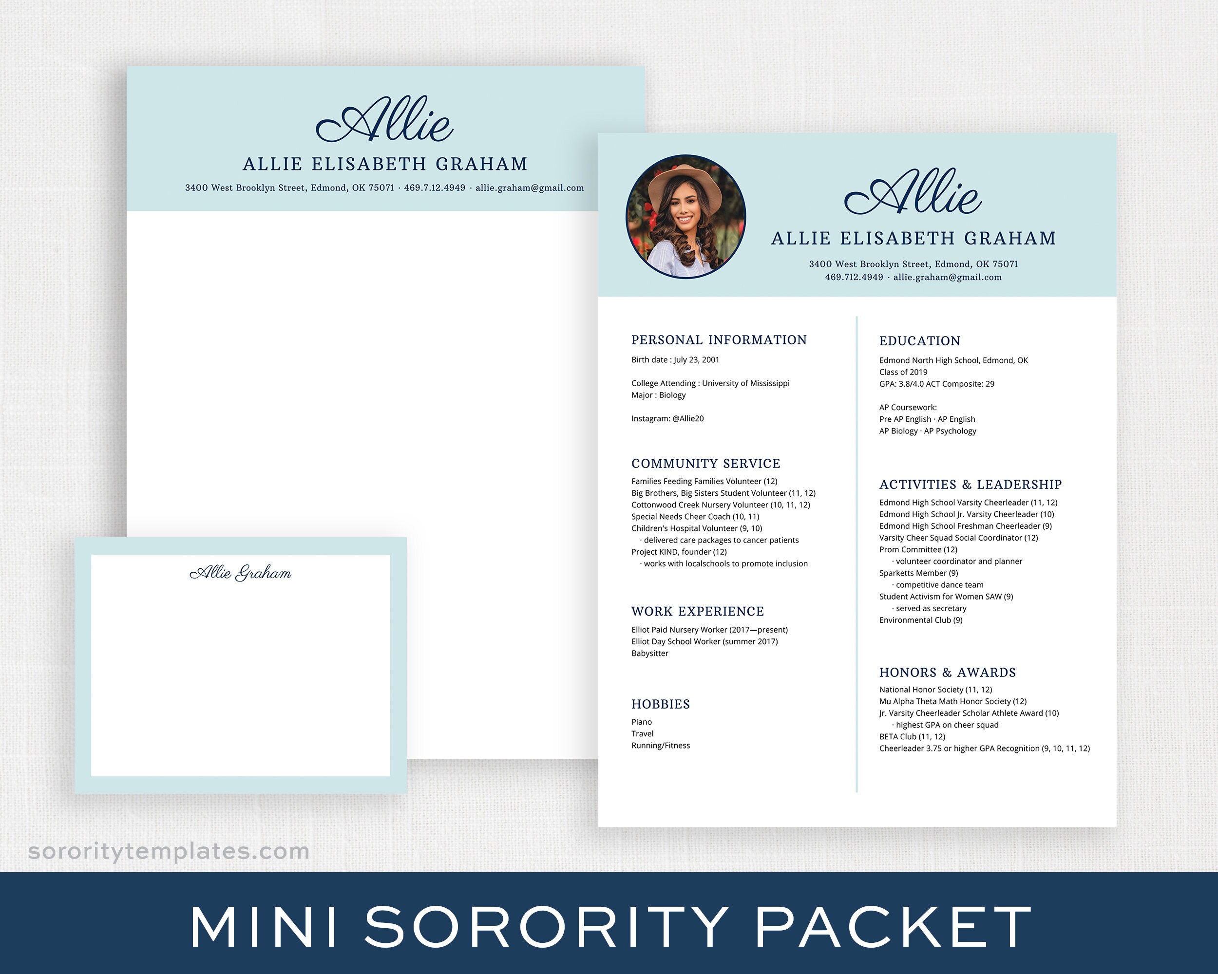Digital Sorority Packet with Photo | Editable Sorority Resume | Print…