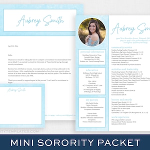 May include: A blue and white sorority recruitment packet with a photo of a young woman, a letter, and a resume. The packet includes information about the woman's personal information, education, activities, honors, and work experience. The text "Aubrey Smith" appears at the top of the packet.
