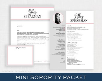 May include: A black and white sorority recruitment pack with a pink and grey border. The pack includes a cover letter, CV, and transcript. The cover letter is addressed to a sorority house and includes the text "April 24, 20xx" and "Lilley SPEARMAN".