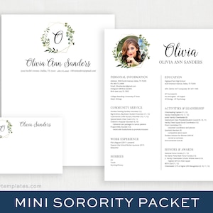 Digital Sorority Packet with Photo | Editable Sorority Resume | Printable Social Resume Template | Greenery | Printed Resume DIY | Olivia