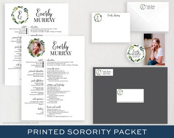 Printed Sorority Packet FULL-SERVICE | Custom Sorority Rush Packet | Personal Resume Monogram Sorority Recruitment Greenery Wreath | Everly