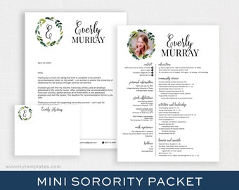 May include: A sorority recruitment pack featuring a green and white floral design. The pack includes a CV, transcript, photos, and a recommendation form. The text on the pack reads "Everly Murray" and "sororitytemplates.com".