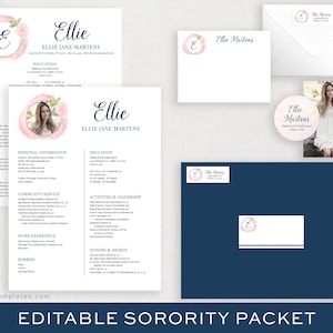 Editierbares Sorority-Bewerbungspaket mit Foto-| Druckbares Sorority Packet | Digitale Sorority Bewerbungsvorlage | Aquarell Rush Kit | Ellie