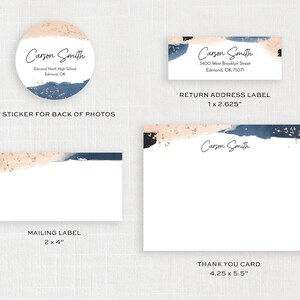 May include: A stationery set featuring a round sticker, return address label, mailing label, and thank you card. Each item has a white background with abstract watercolor designs in navy, beige, black, and gold. The text "Carson Smith" is printed on each item.