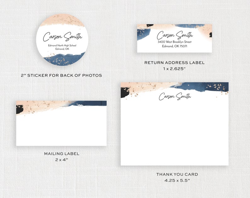 May include: A stationery set featuring a round sticker, return address label, mailing label, and thank you card. Each item has a white background with abstract watercolor designs in navy, beige, black, and gold. The text "Carson Smith" is printed on each item.