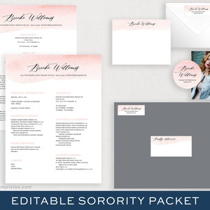 May include: Editable sorority packet template with a pink watercolor background. The packet includes a resume, a letterhead, a sticker, and an envelope. The text "Brocke Williams" is included on the template.