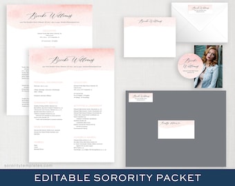 Editable Sorority Recruitment Packet, Simple | Digital Sorority Resume Template | Blush Watercolor Rush Kit | Two Column Resume Brooke