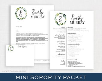 May include: A sorority recruitment pack featuring a green and white floral design. The pack includes a CV, transcript, photos, and an envelope. The text "Everly Murray" is printed in black on a white background. The text "Mini Sorority Packet" is printed in black on a blue background.