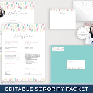 Editable Sorority Recruitment Packet with Photo | Digital Sorority Resume Template | Bright Watercolor Rush | Two Column Resume DIY | Emily