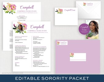 May include: Editable sorority packet template with a pink floral design. The packet includes a resume, a letter, and an envelope. The text on the resume reads "Campbell Elise Evans".