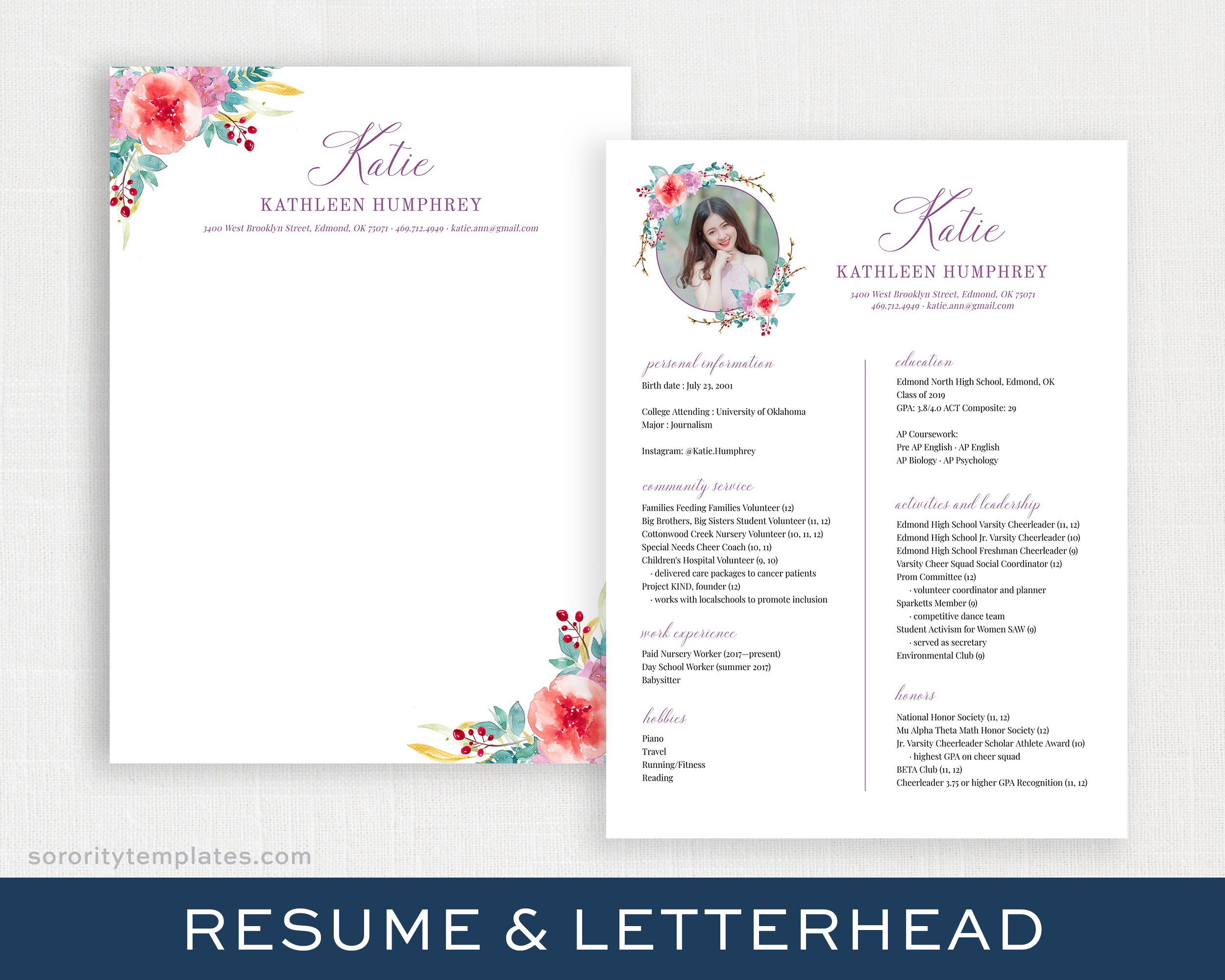 Editable Sorority Packet With Photo | Digital Sorority Resume