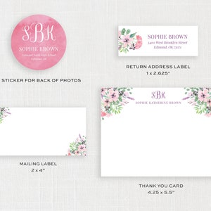 May include: A set of printable labels and cards featuring a watercolor floral design with pink and purple flowers. The labels are for mailing and return addresses, and the card is a thank you card. The text on the labels includes the name "Sophie Brown" and the address "3400 West Brooklyn Street, Edmond, OK 73071". The thank you card includes the name "Sophie Katherine Brown" and the initials "SBK". The labels are 2 inches by 4 inches and 1 inch by 2.625 inches. The thank you card is 4.25 inches by 5.5 inches.