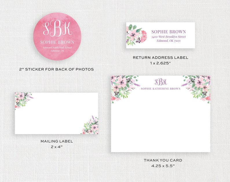 May include: A set of printable labels and cards featuring a watercolor floral design with pink and purple flowers. The labels are for mailing and return addresses, and the card is a thank you card. The text on the labels includes the name "Sophie Brown" and the address "3400 West Brooklyn Street, Edmond, OK 73071". The thank you card includes the name "Sophie Katherine Brown" and the initials "SBK". The labels are 2 inches by 4 inches and 1 inch by 2.625 inches. The thank you card is 4.25 inches by 5.5 inches.