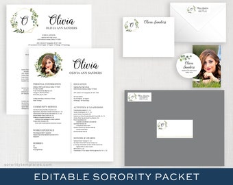 Editable Sorority Recruitment Packet DIY Template w/Photo | Digital Sorority Packet | Printable Sorority Resume, Greenery and Gold | Olivia