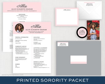 PRINTED Sorority Recruitment Packet Template | Editable Sorority Rush Packet | Personal Resume Template with Photo | Custom Color Allie