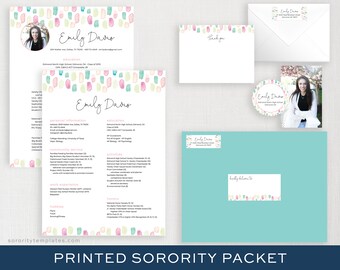 May include: A printed sorority packet with a teal envelope, a white envelope with a thank you note, a resume with a watercolor background, and a round sticker with a watercolor background. The resume includes the name "Emily Davis" and the text "sororitytemplates.com".