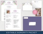 Editable Sorority Recruitment Packet | Printable Social Resume Template | Monogram Floral Watercolor Rush | Two Column Resume DIY | Sophie