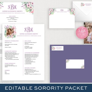 May include: Editable sorority packet template with a floral design. The packet includes a resume, letterhead, envelope, and sticker. The text on the resume reads "SBK Sophie Katherine Brown".