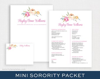 May include: A pink and white floral design with a light blue background. The text "Hayley Anne Williams" is in pink font. The text "sororitytemplates.com" is in black font. The text "MINI SORORITY PACKET" is in blue font.