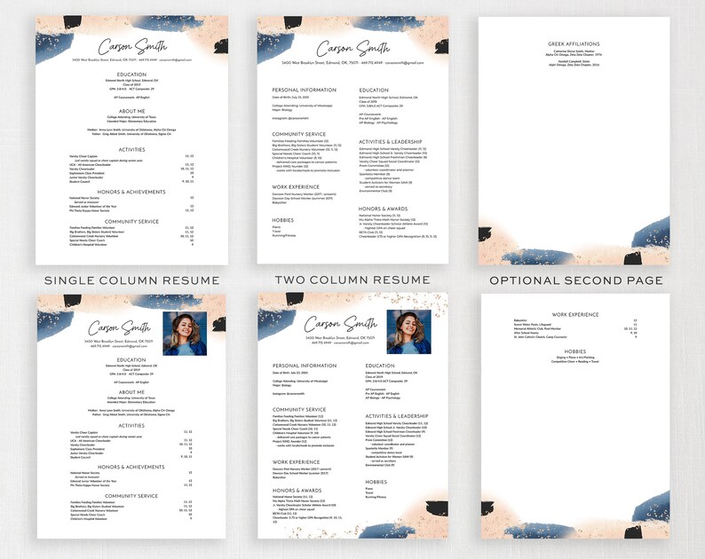 May include: A collection of resume templates with a modern design. The resumes feature a clean layout with sections for education, experience, and skills. The design includes watercolor-style blue and beige accents, and the name "Carson Smith" is prominently displayed.