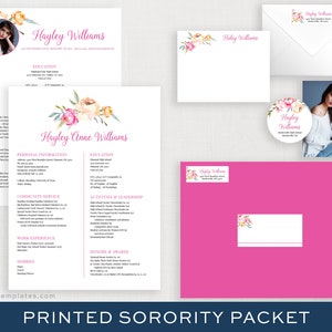 PRINTED Sorority Packet FULL-SERVICE Sorority Recruitment Packet with Photo Personal Resume Template Flower Watercolor Hayley image 1