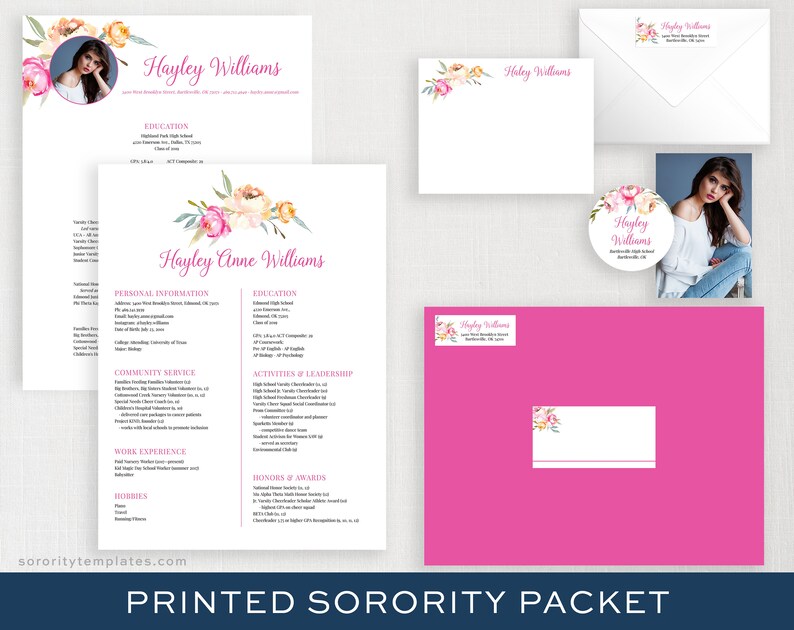 PRINTED Sorority Packet FULL-SERVICE Sorority Recruitment Packet with Photo Personal Resume Template Flower Watercolor Hayley image 1