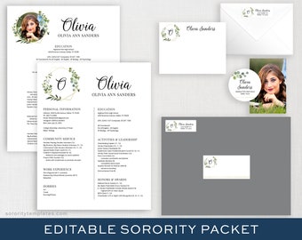 Editable Sorority Packet DIY Template | Printable Sorority Packet | Recruitment |Personal Resume |  Floral Watercolor Rush Monogram | Olivia