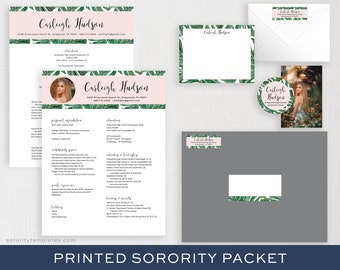 Printed Sorority Packet FULL-SERVICE | Sorority Rush Packet | Recruitment Resume with Photo | Sorority Stickers | Tropical Palm, Carleigh