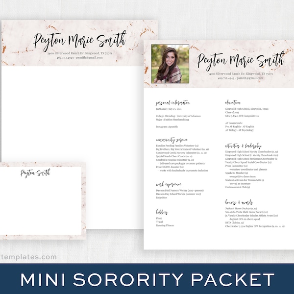 Editable Sorority Packet with Photo | Digital Sorority Resume | Printable Social Resume Template | Marble Blush | Rush Resume DIY | Peyton