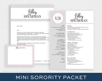 May include: A pink and grey sorority recruitment pack with a letter, CV, and other documents. The pack includes the text "Lilley SPEARMAN" and "MINI SORORITY PACKET".