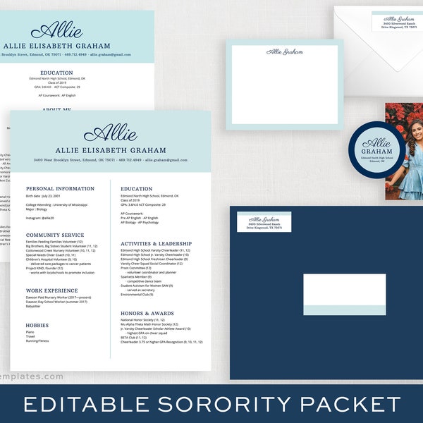 Editable Sorority Recruitment Packet | Printable Social Resume Template | Artist Watercolor Rush | Two Column Resume DIY | Allie